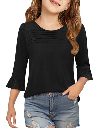 Image of Girls Summer 3 /4 Length Sleeve Tops Casual Cute Shirts Ruffle Bell Sleeve Front Pleated Blouses