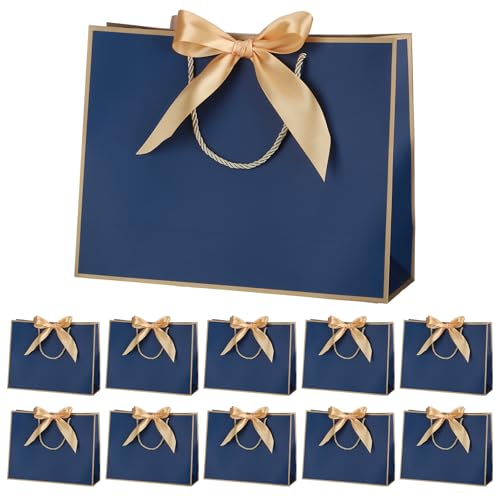 Image of 10 Pack Blue Gift Bags with Gold Ribbon Bow, 12.5 x 10 In Party Bags