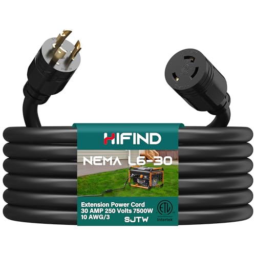 HiFind L6-30P to L6-30R Extension Cord 10 Ft, 30 Amp Generator Cord Cable Outdoor SJTW, Heavy Duty 10/3 AWG 250V 7500W Industrial Power Cord, 3 Prong Locking Plug for RV, EV, Trailer Campers -ETL by HiFind - Used condition - US$29.02