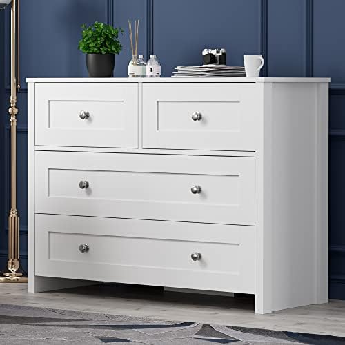 SunsGrove 4 Drawer Dresser, Modern Chest of Drawers, with Wood Storage Organizer Dressers for Bedroom, Hallway, Children's Room, and Living Room, White