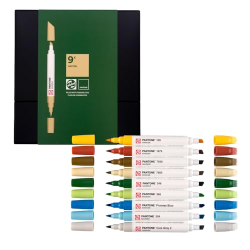 Talens | Pantone Marker Set de 9 Nature | Rotulador Doble Punta con Punta de Pincel y Cincel | Tinta Pigmentada a Base de Agua en Colores Pantone