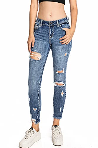 Cello Jeans Women's Juniors Mid Rise Distressed Skinny Jeans