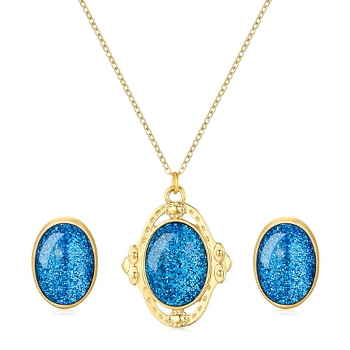 Medsor Princess Costume Necklace Earrings set Blue Crystal Princess Earrings Inspired Cosplay Accessories for Women