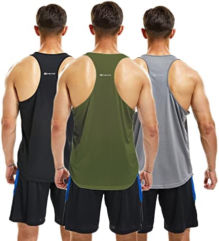 frueo 3 Pack Workout Tank Tops for Men Sleeveless Quick Dry Training Gym Shirts Bodybuilding Fitness Muscle Tees Y-Back Shirts for Beach Athletic Running, 20418, Black Gray Green, M