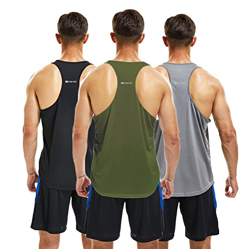 Frueo 3 Pack Workout Tank Tops For Men Sleeveless Quick Dry Training Gym Shirts Bodybuilding Fitness Muscle Tees Y-Back Shirts For Beach Athletic Running, 20418, Black Gray Green, M #TOP27