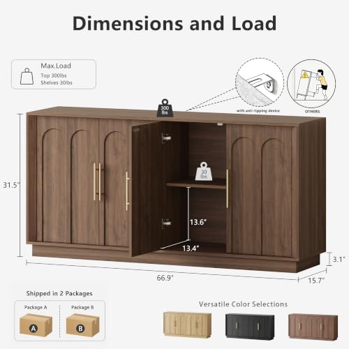 Image of FORTUNETEC Sideboard Buffet Cabinet with Storage, Mid Century Modern Accent Cabinet with Arched Doors, Modular Media Console, 67 inch Large Credenza for Living Room Kitchen Dining Room Entryway, Walnut