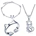 Produktbild Yumilok Damen Halskette mit Katze Kätzchen Anhänger Damen Armkette Damen Ring Bandring Schmuck Sets Kette 8mm Perle Zirkonia 925 Sterling Silber für Damen Mädchen