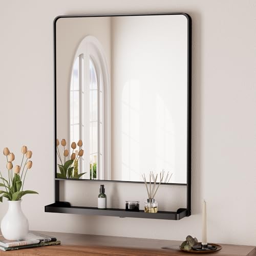 Keonjinn 22x30 Inch Black Mirror with Shelf, Black Bathroom Mirror for Wall, Decorative Rectangular Bathroom Vanity Mirror, Rounded Corner Framed Mirrors for Bathroom Over Sink with Storage