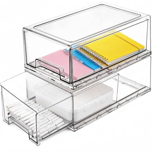 Vinnatsu2個セット重なるクリアケース 小物入れ引き出し 卓上小物ケース 収納ボックス 小物 収納ケース 引き出し 卓上収納 文房具 収納 防塵 防水 コスメ 化粧品入れ レターケース a5 書類ケース 小物デスクトップ クリア (横33.5cm×奥