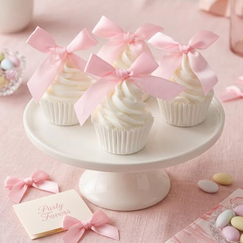 Fiwochic 4 Pcs Pink Bow Fake Cupcakes Coquettish Artificial Cake Desserts Pink Bow Fake Birthday Cupcake Photography Props Decor for Wedding Baby Shower Party Display