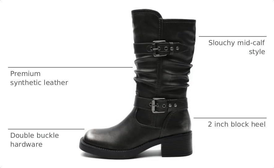 Image of GLOBALWIN Chunky Mid Calf Fashion Dressy Motocycle Biker Military Style Combat Boots for Women Low Heel