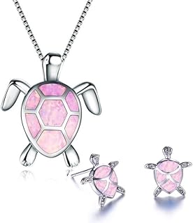 Ladies Turtle Jewellery Set For Women - Necklace Pendant & Matching Earrings - Girls Opal Enamel & Silver Plated Cute Charms - with Gift Box