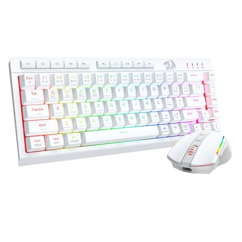 Redragon Wireless Gaming Keyboard and Mouse Combo Bluetooth/2.4G/USB-C Wired RGB Backlit 60% Portable Quiet Rechargeable Macro Membrane Keyboard & 12800 DPI Mouse for Win/MAC White