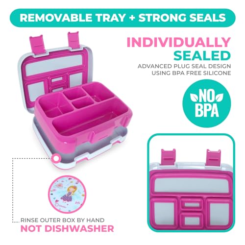 Image of kinsho Bento Lunch Box for Kids Toddlers Girls, 5 Portion Sections Secure Lid, Microwave Safe BPA Free Removable Tray, Pre-School Kid Daycare Lunches Snack Container Ages 3 to 5, Pink Fairy Princess