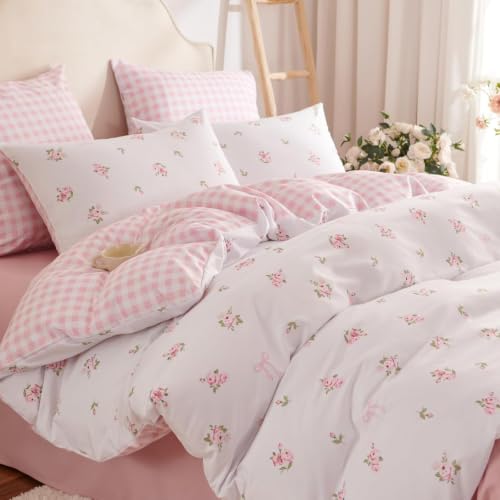 Image of Duvet Cover Twin Pink White Floral Plaid Reversible Bedding Set