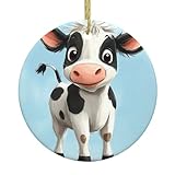 Colgante redondo de cerámica de Navidad para colgar, 7,4 cm, adorable impresión de ternera pequeña YYHWHJDE