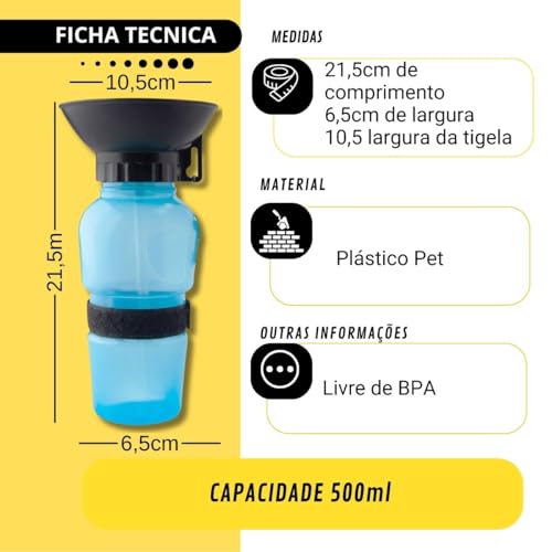 Garrafa Pet Bebedouro Portatil BPA Free Pratica Azul Caes E Gatos Viagem Parque Passeios 500ml