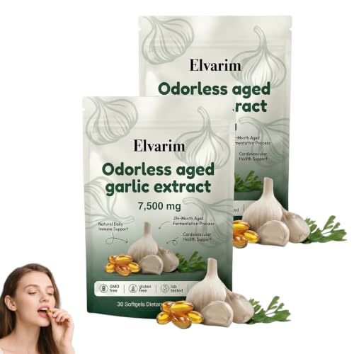 Elvarim Odorless Aged Garlic Extract Capsules 7500mg - 30 Count 24 Month Aged Garlic Extract Antioxidant Supplement Vegetarian- 2026 New (2pc)