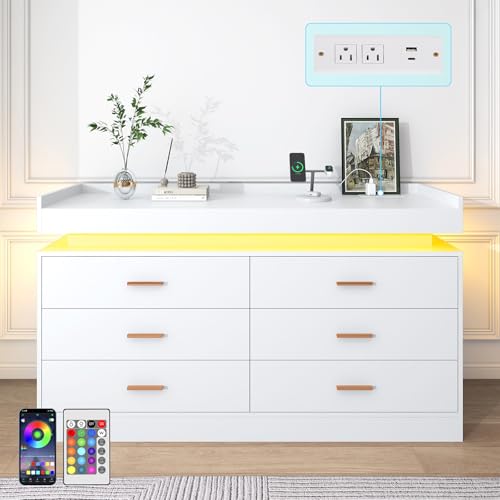 Image of jiteentarou 6 Drawer Dresser with Charging Station and LED Lights, Modern Chest of Drawers with Power Outlet, Organizer Cabinet for Bedroom, Living Room, White