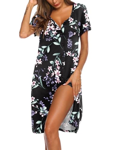 Image of Ekouaer Women Nightshirts Button Down Nightgown Sleep Shirt Short Sleeve Night Shirts Pajama Dress