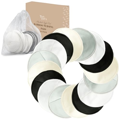Yum Yums Bamboo Breast Pads - 16 Pack Breast Pads Maternity - Reusable Organic Bamboo Nursing Pads - Breast feeding Essentials Soft Ultra-Absorbent Leakproof Nipple Shields - Contoured Nipple Covers
