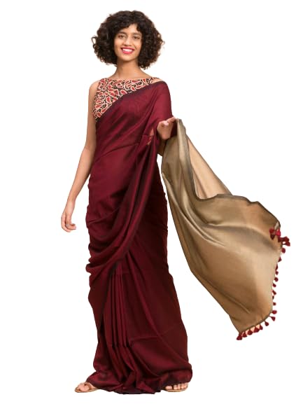 Modern Color Block Design Slab Pure Cotton and Soft Fabric with Blouse Handloom Saree with Handloom mark3 (Brown and)