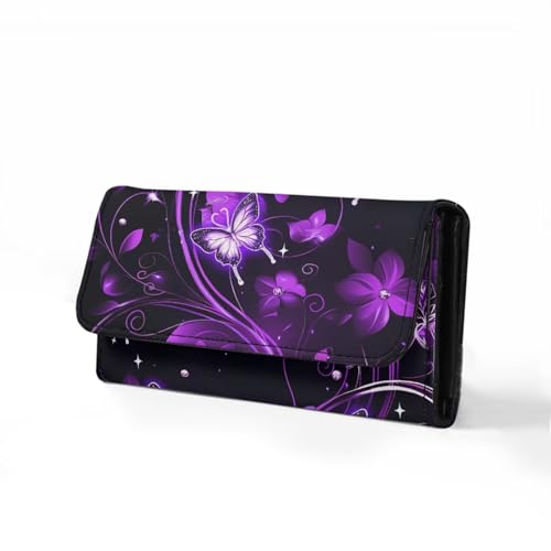 Image of AFPANQZ Womens Wallets, Leather Trifold Multi Card Holder Slots Wallet, Purple Butterfly Print Elegant Clutch Phone Holder Trifold Purses Zip Coins Pocket, Buckle Closure Clutch