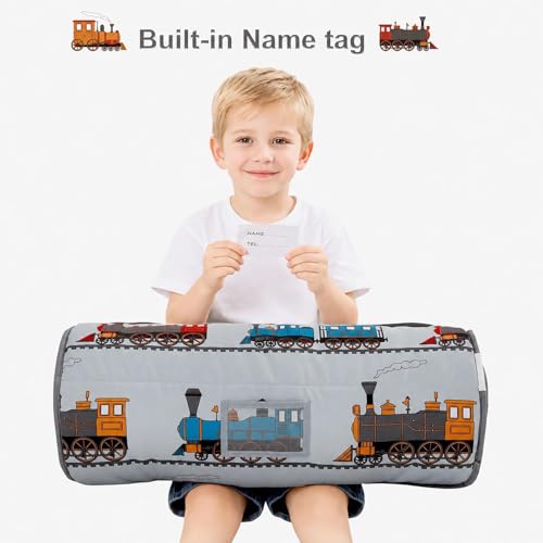Image of Viviland Toddler Nap Mat with Pillow and Minky Blanket,Rolled Large Sleeping Mat for Boys,Kids Slumber Bag Nap Mat for Preschool, Daycare, Kindergarten, Travel Camping - Train Magic
