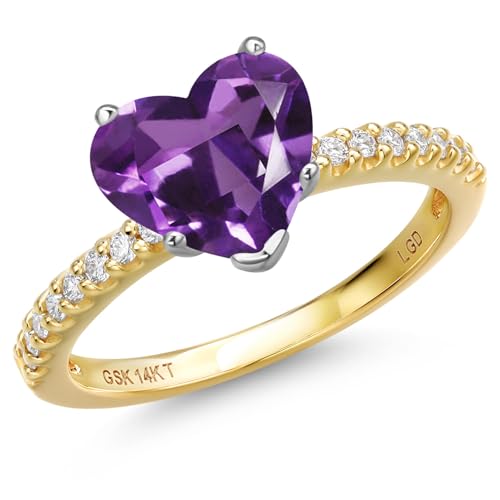 Gem Stone King 14K Two Tone Gold Heart Shape Gemstone Birthstone and Lab Grown Diamond Engagement Ring | Heart Shape 8MM and Round 1.3MM | Wedding Anniversary Promise Gold Ring For Women | Size 5 to 9