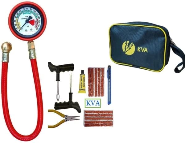 KVA Plus KV-140 Tubeless Tyre Puncture Repair Kit with 150PSI Pressure Gauge Tubeless Tyre Puncture Repair Kit