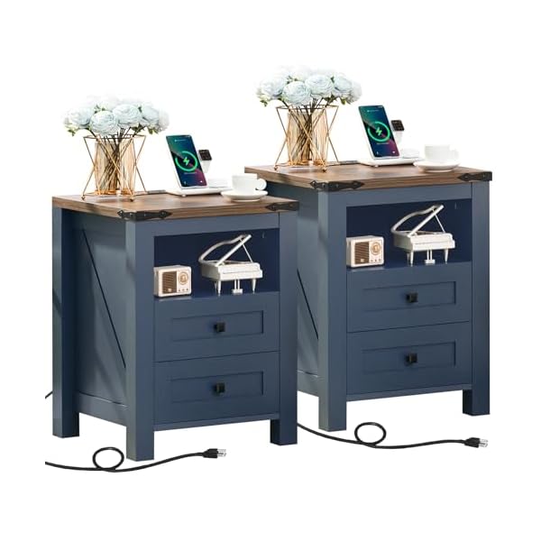 Nightstands set of 2 with charging station farmhouse night stand with 2 drawers and shelf storage wooden side end table bedside cabinet for bedroom living room closetoffice blue  urban country home decor