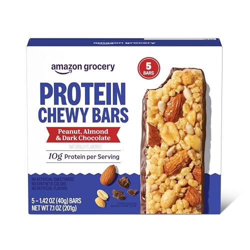 Amazon Brand - Happy Belly Protein Chewy Bars, Peanut, Almond & Dark Chocolate, 5 Count