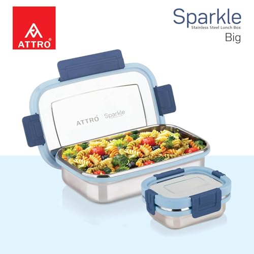 Image of ATTRO Sparkle Big Stainless Steel Lunch Box 2-Piece Set - 900ml + 200ml - Leak-Proof, BPA-Free, Compact & Durable - Ideal for Kids, Office, Travel - Blue