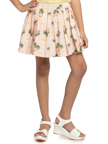 Image of Under Fourteen Girls 100% Cotton Printed Poplin Skirt | Skirt for Girls | Woven | 2-3 Yrs(Peach)