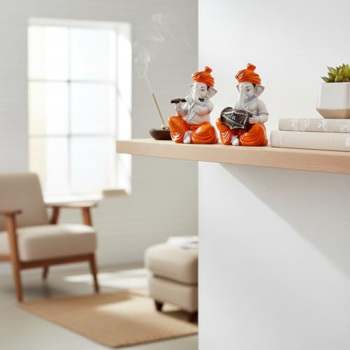 Image of Sitting Ganesha with Musicall Instrumnents Decorative Statue for Home Decor - (Set of 2 Piece, White & Orange)