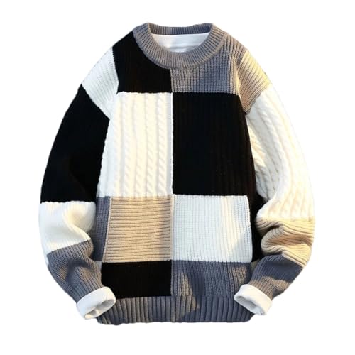 Men's Winter Round Neck Knit Sweater - Fashion Plaid Casual Loose Warm Patchwork Pullover