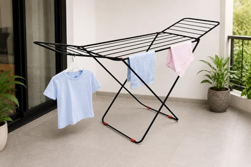Image of LiMETRO STEEL Foldable Clothes Drying Stand for Balcony & Indoor Use | Heavy Duty Mild Steel Laundry Rack | Space Saving Folding Cloth Dryer Stand | Black