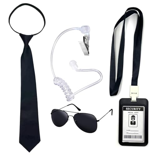 Yxtwaeh 4 Pcs Agent Costume Set Sunglasses Fake Earpiece Zip Tie ID Badge Secret Service Accessories for Halloween Cosplay Dress Up Black