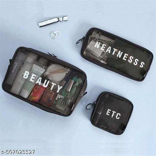 (ONLY POUCHES) Travel Nylon Mesh Makeup Bags Set 3 Pieces See Through Zipper Pouch Travel Cosmetic And Toiletry Kit Organizer Bag 3 Pack Of S M L 3-in-1-mkup-nvyblu-09-14 SB-P9288 4