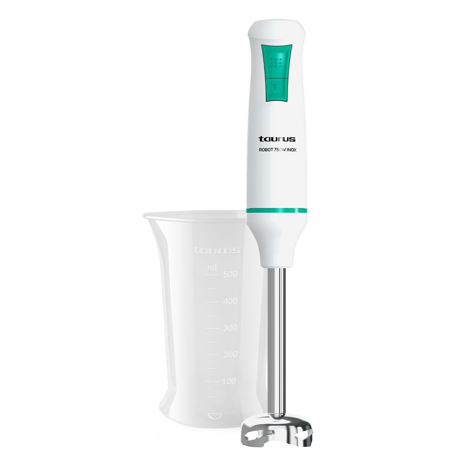 Taurus Mikser ręczny Robot 750 Inox, 750 W, 2 prędkości + Turbo, ostrza i pręt ze stali nierdzewnej, kompaktowy i ergonomiczny, łatwy montaż, okap zapobiegający rozpryskiwaniu | bez BPA, akcesoria