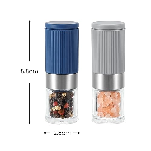 Vzaahu Mini Salt and Pepper Grinders 2 Set including Ceramic Core Cinnamon,Adjustable Coarseness,Color Grey and Blue,Portable,Refillable Spice Mills - Image 4