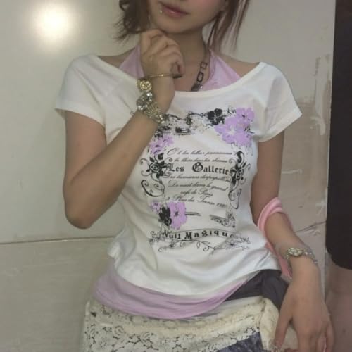 Baby Tee Y2k Women Grunge Top Emo 2000s Vintage Fake Two Piece Short Sleeve T Shirt Crop Tops Teens4