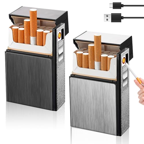 2 portasigarette con accendino: accendino tempesta, scatola per sigarette in alluminio 2 in 1 con accendino elettronico ricaricabile, accendino a gas, può contenere 20 barili (venduto senza gas)