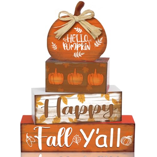 4 Pcs Fall Decor for Home Hello Pumpkin Wooden Signs with Blessed Autumn Tiered Tray Decor Farmhouse Pumpkin Tabletop Centerpiece Maple Leaf Block Signs for Fall Thanksgiving Office Kitchen Shelf