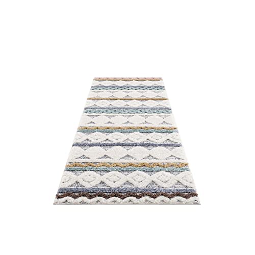 carpet city Teppich-Läufer Hochflor Flur - 80x300 cm - Boho-Stil Ethno Creme Multi - Cut-Loop,...