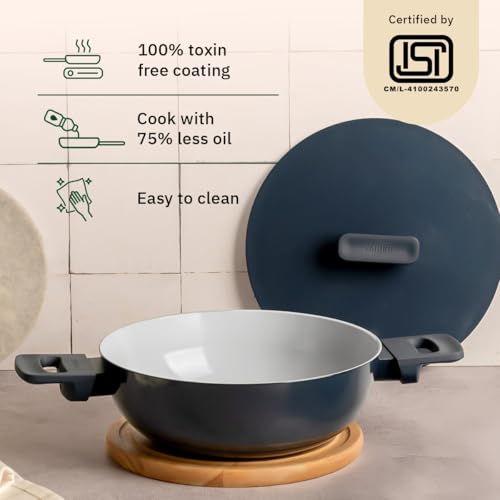 Image of Ember Cookware Arcilla Ceramic Kadai 24 cm, 2.6L with Metallic Lid | 75% Less Oil Usage | Lightweight, Non-Toxic Non-Stick Ceramic kadai | PFAS & PFOA Free | Matching Handle-Gas Compatible | Blue