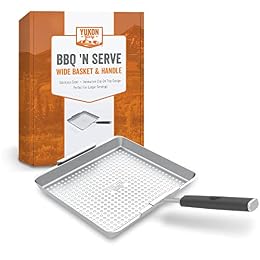 Yukon Glory™ BBQ 'N SERVE Wide BBQ Grill Basket The Grilling Basket Includes a Clip-On Handle - Perfect Grill Baskets for Outdoor Grill Vegetables or Fish Basket & Meat
