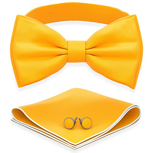 Adam Young Boy's Bright Yellow Bow Tie With Handkerchief & Cufflinks Pre-Tied Style Formal Satin Classic Bowtie For Tuxedo Faux Silk (Medium, Merigold Yellow) #TOP24