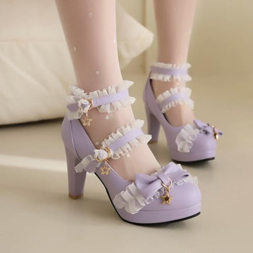 Aflngle Women's Lolita Bow Mary Jane Pumps Round Toe Closed Platform Chunky Block Heels Kawaii Sweet Cute Lace Ankle Strap Wedding Party Prom Dress Shoes2