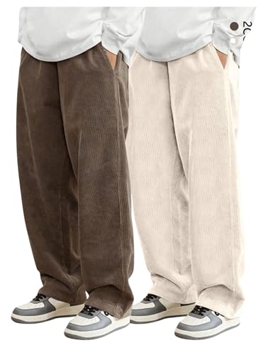 SOLY HUX Men's 2 Piece Corduroy Pants Drawstring Elastic Waist Straight Leg Baggy Pants with Pockets Brown and Beige X-Small